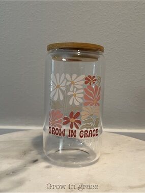 Floral 'Grow in Grace' Glass tumbler cup